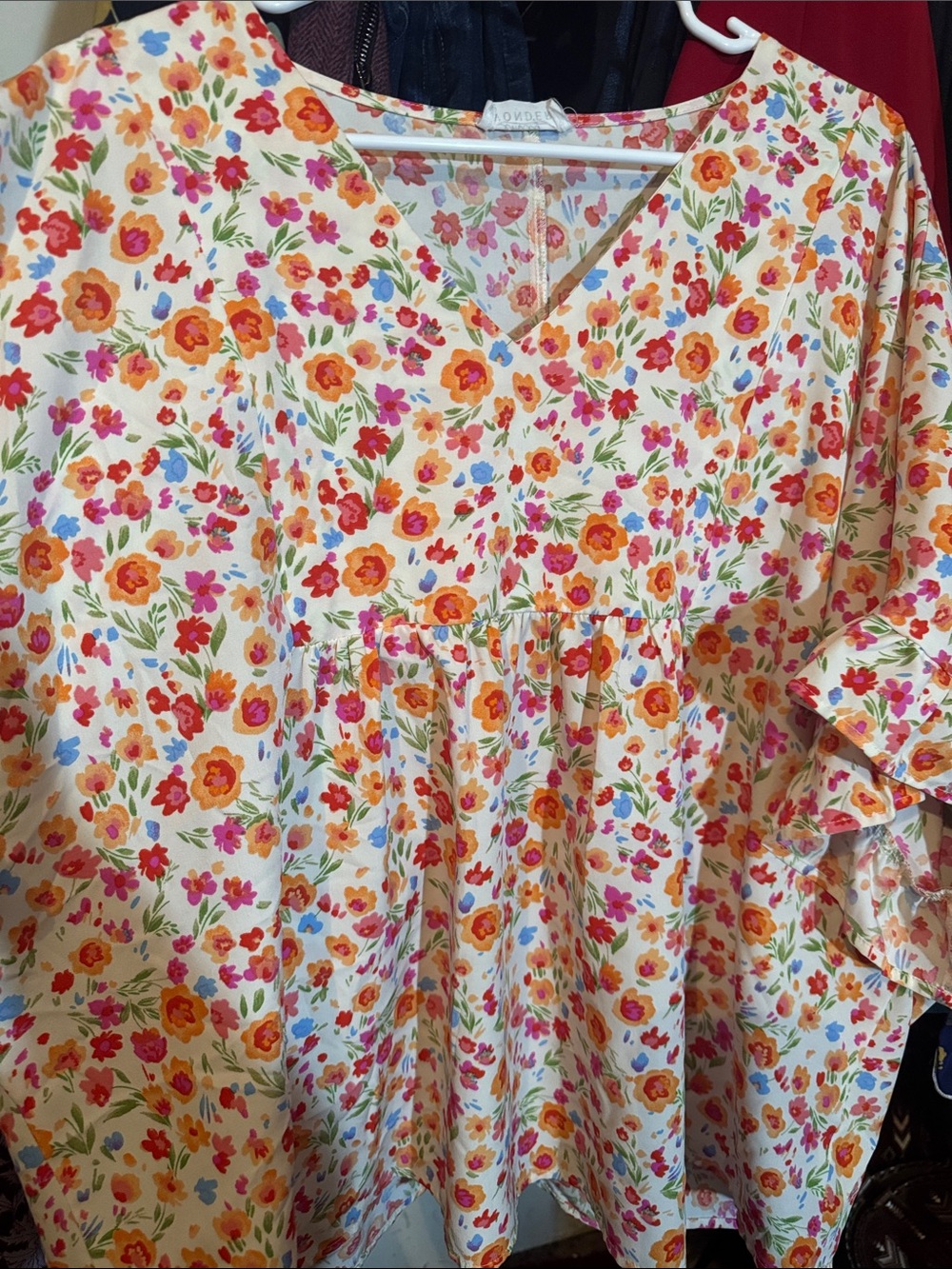 Emily Rose Floral V-Neck Blouse in White with Orange, Pink & Blue Flowers